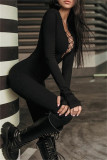 Black Fashion Casual Solid Hollowed Out V Neck Skinny Jumpsuits