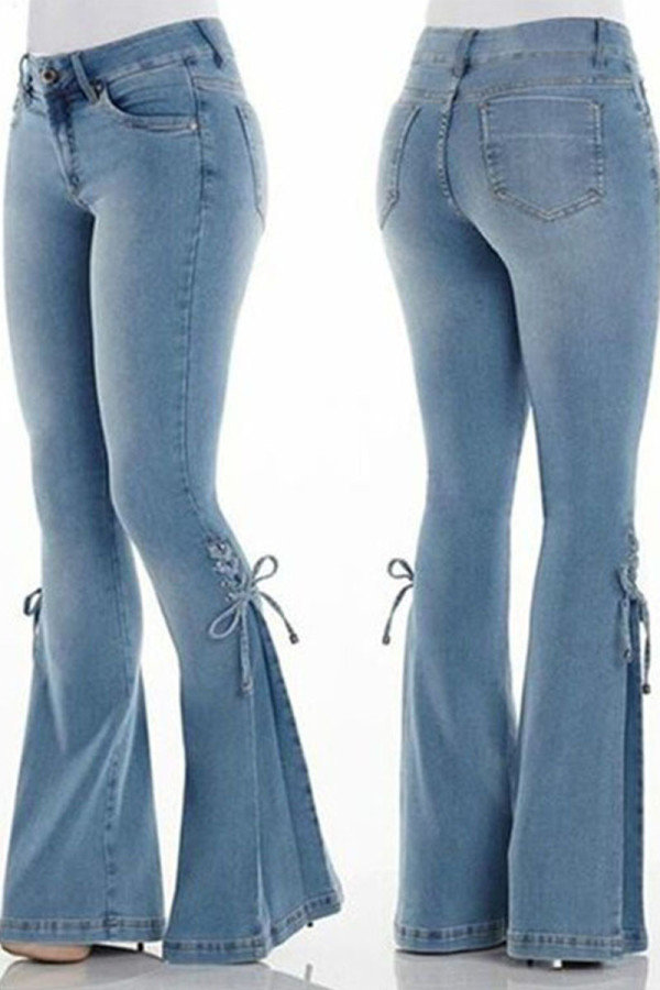 Deep Blue Casual Street Solid Bandage Patchwork High Waist Boot Cut Denim Jeans