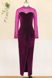 紫色のファッションのセクシーなパッチワーク スリット ビーズ ハーフ A タートルネック長袖ドレス