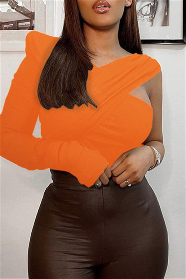 オレンジ ファッション カジュアル ソリッド パッチワーク 非対称 V ネック トップス