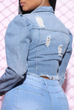 Veste en jean bleu clair mode casual solide déchiré cardigan col rabattu manches longues
