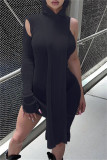Black Fashion Casual Solid Patchwork Asymmetrical Hooded Collar Long Sleeve Dresses