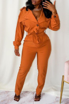 Tangerine Red Lässige Street Solide Patchwork-Knöpfe Turndown-Kragen Straight Jumpsuits
