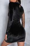 Negro moda sexy patchwork ahuecado medio cuello alto vestidos de manga larga