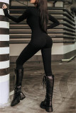 Macacão skinny casual moda preto sólido vazado com decote em V