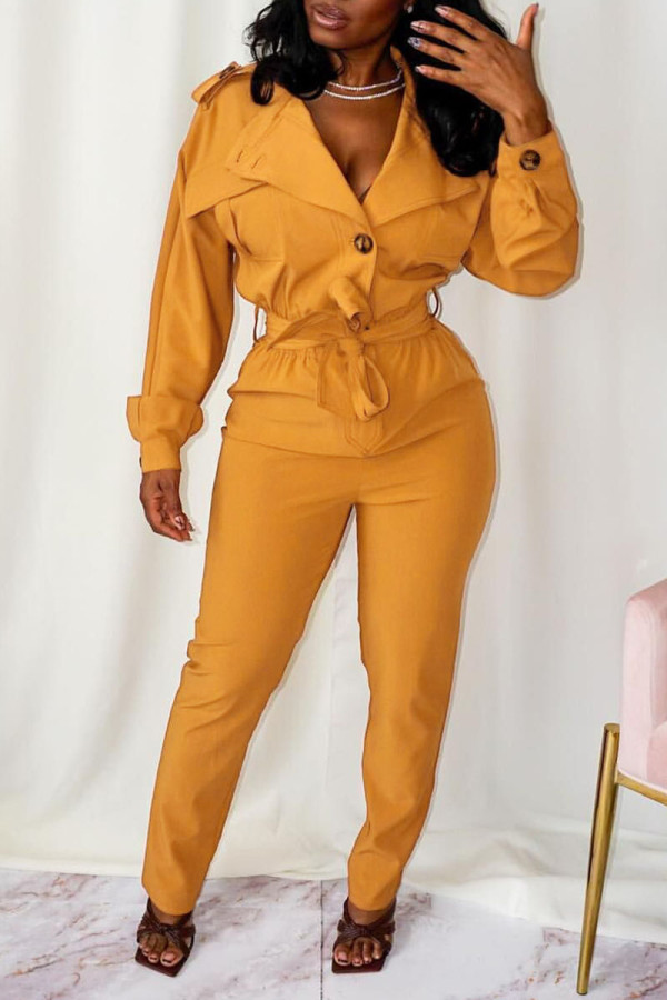 Yellow Casual Street Solid Patchwork Buttons Turndown Collar Straight Jumpsuits