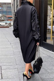 Vestido camisero de manga larga con cuello vuelto y abertura sólida informal de moda negro