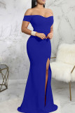 Синее модное сексуальное твердое вечернее платье без спинки с разрезом на плече