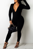 Dark Coffee Sexy Solid Patchwork V Neck Jumpsuits