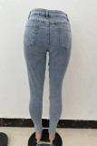 Jeans jeans cor clara moda casual rasgado bandagem cintura alta regular