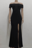 ブラックファッションセクシーなソリッドバックレススリットオフショルダーイブニングドレス