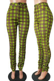 Verde fluorescente casual rua xadrez impressão retalhos dobra regular lápis de cintura alta calças de impressão completa