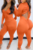 オレンジ ファッション カジュアル ソリッド バックレス Vネック スキニー ジャンプスーツ