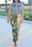 Groene mode casual broek met camouflageprint en patchwork, normale hoge taille