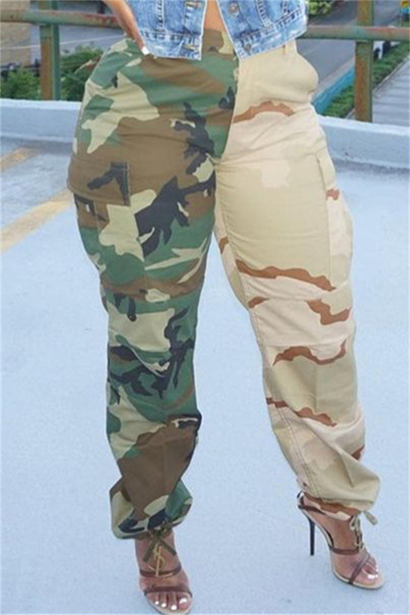 

Green Fashion Casual Camouflage Print Split Joint Regular High Waist Trousers