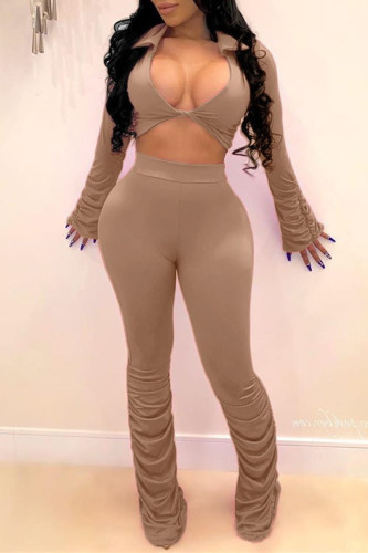 Khaki Sexy Casual Solid Fold Turndown Collar Long Sleeve Two Pieces
