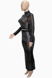 Черная модная сексуальная горячая буровая прозрачная половина водолазки с длинным рукавом из двух частей