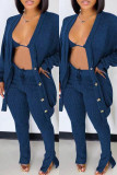 Синий модный повседневный однотонный кардиган, жилеты, брюки с длинным рукавом, комплект из трех предметов