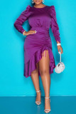 Фиолетовые модные повседневные однотонные платья с длинными рукавами и открытой спиной с круглым вырезом