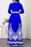 Blå Mode Casual Print Patchwork O-hals långärmade klänningar