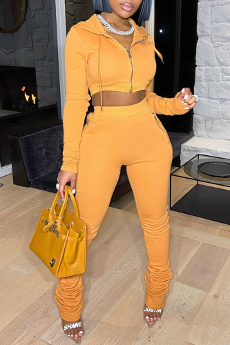 Yellow Casual Fold Zipper Hooded Collar Long Sleeve Crop Jackets And Skinny Pants Sportwear Two Pieces Sweatsuit Sets