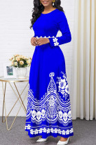 Blauwe mode casual print patchwork O-hals jurken met lange mouwen