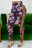 Rosarote lässige Street-Print-Camouflage-Print-Quasten-Patchwork-Hose mit normaler hoher Taille und Bleistift-Volldruck