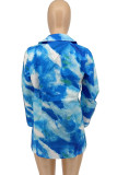 Peacock Blue Casual Print Patchwork Turn-back Collar Outerwear