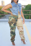 Groene mode casual broek met camouflageprint en patchwork, normale hoge taille
