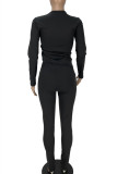 Black Fashion Casual Solid Draw String Oblique Collar Long Sleeve Two Pieces