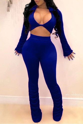 Blue Sexy Casual Solid Fold Turndown Collar Long Sleeve Two Pieces