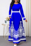 Blauwe mode casual print patchwork O-hals jurken met lange mouwen