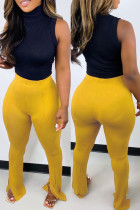 Calças casuais de cintura alta casuais amarelas com fenda sólida