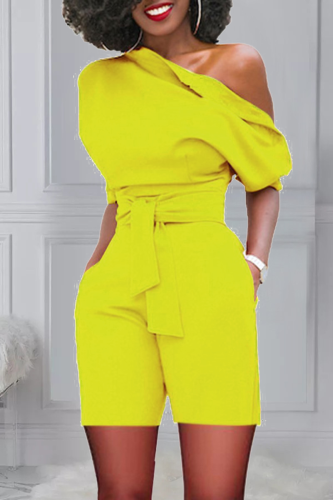 Yellow Casual Solid Bandage One Shoulder Regular Rompers