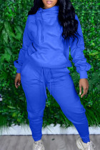 ブルーカジュアルソリッドパッチワークフード付きカラー長袖ツーピース