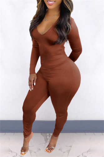 Deep Coffee Fashion Casual Solid Backless V Neck Skinny Jumpsuits