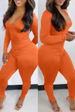 Oranje mode casual effen rugloze skinny jumpsuits met V-hals