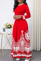 Röd Mode Casual Print Patchwork O-hals långärmade klänningar