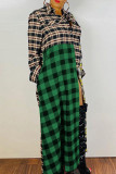 Green Casual Street Plaid Print Patchwork Buckle Turndown Collar Shirt Dress Dresses