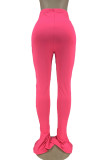 Pantaloni skinny a vita alta con spacco solido casual alla moda rosso rosa