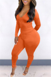 Oranje mode casual effen rugloze skinny jumpsuits met V-hals