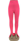 Розово-красные модные повседневные однотонные узкие брюки с высокой талией и разрезом