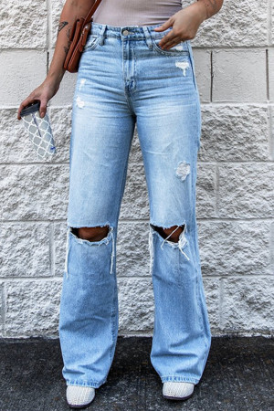 Baby Blue Fashion Casual Solid High Waist Regular Ripped Denim Jeans