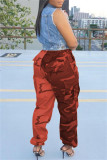 Rode mode casual broek met camouflageprint en patchwork, normale hoge taille