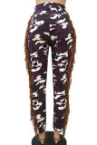 Roxo casual rua impressão camuflagem impressão borla retalhos regular cintura alta lápis impressão completa bottoms