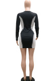 黒のセクシーな固体パッチワーク シースルー ホット ドリル V ネック ワン ステップ スカート ドレス