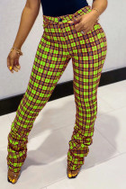 Pantalones con estampado completo de lápiz de cintura alta regular con pliegues de retales con estampado de cuadros callejeros informales verde fluorescente