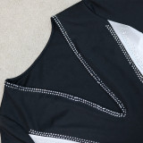 Schwarze, sexy, einfarbige, durchsichtige Hot Drill-Kleider mit V-Ausschnitt und One-Step-Rock