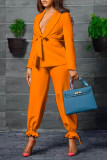 Orange Casual Work Solid Patchwork Turn-back Collar Long Sleeve Two Pieces (Contain The Belt)