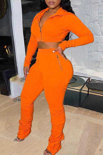 Orange Casual Fold Zipper Hooded Collar Long Sleeve Crop Jackets And Skinny Pants Sportwear Two Pieces Sweatsuit Sets